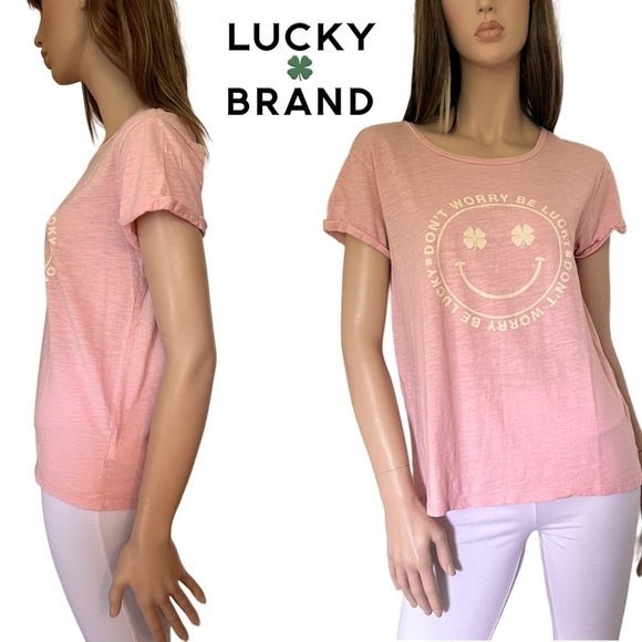 Lucky Brand Don't Worry be Lucky Tee T-Shirt Blush Pink Screen Print 100% Cotton - Picture 1 of 12